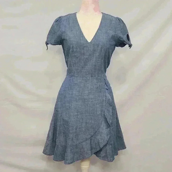 JCrew Chambray Cotton Faux Wrap Dress - Picture 1 of 11